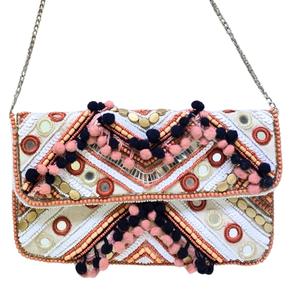 Clements Ribeiro Black Colorful Beaded Crossbody Bag Pom Pom Sequin Clutch - Picture 2 of 7